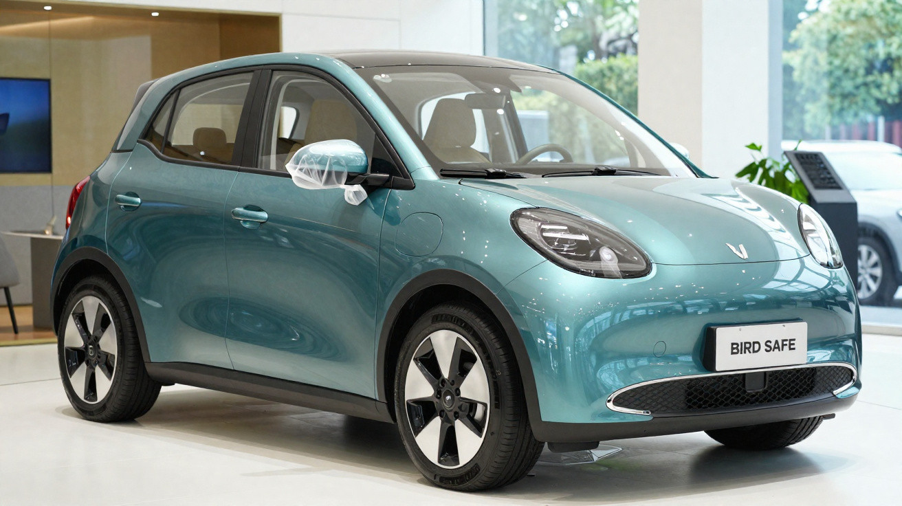 Carro elétrico compacto azul exposto em salão moderno, com jantes pretas e brilhantes, vidro traseiro aberto.
