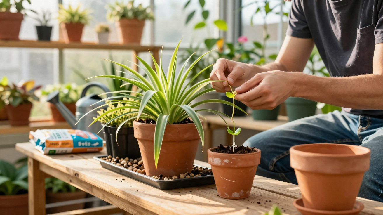 Pessoa a cuidar de plantas em vasos de barro numa mesa de madeira numa estufa iluminada.