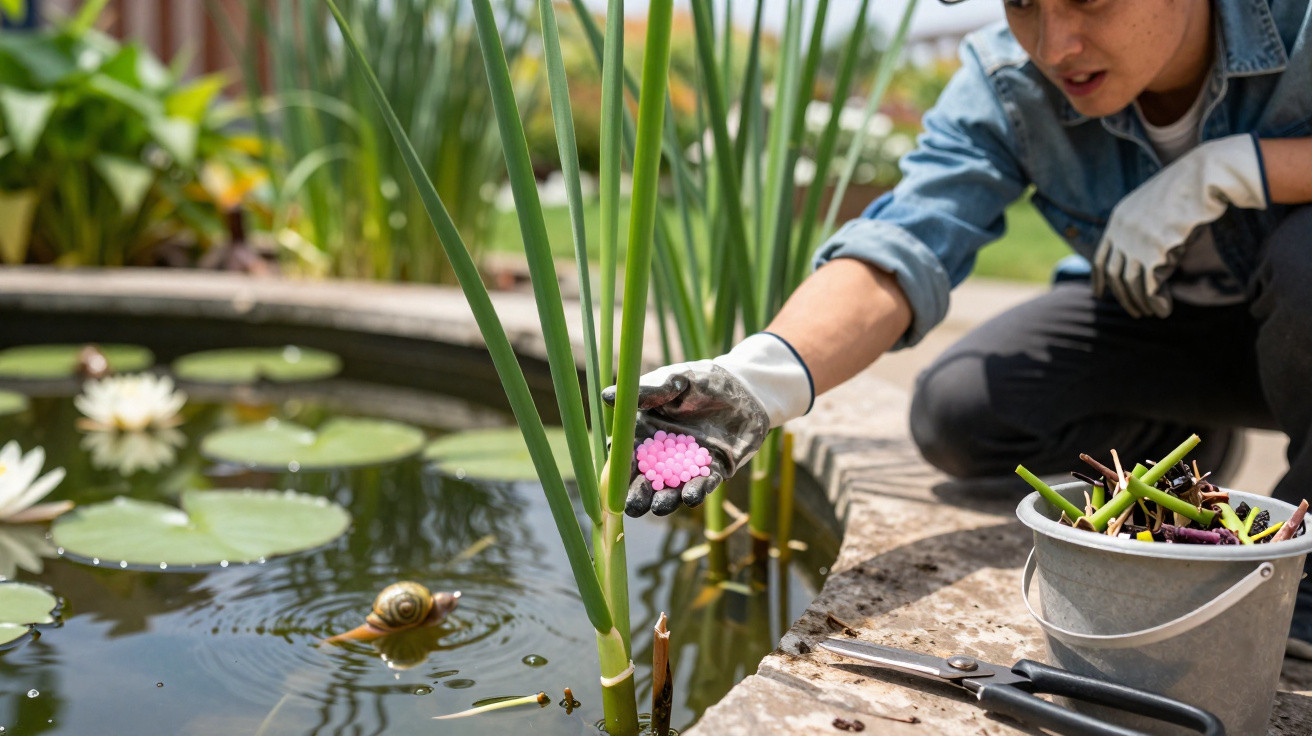 Pessoa a fertilizar planta aquática junto a lago com luvas de jardinagem e balde com troncos de plantas.