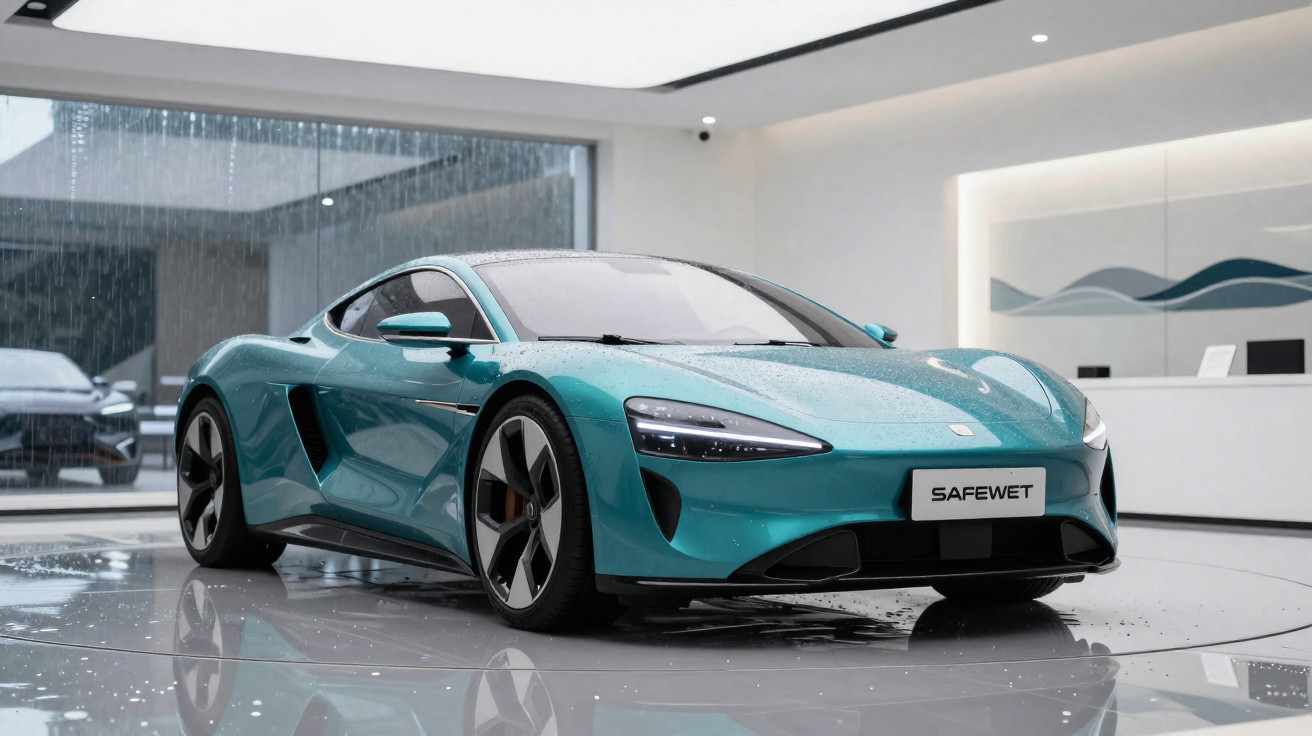 Carro desportivo elétrico azul em exposição numa sala moderna, com chão brilhante e parede decorativa.