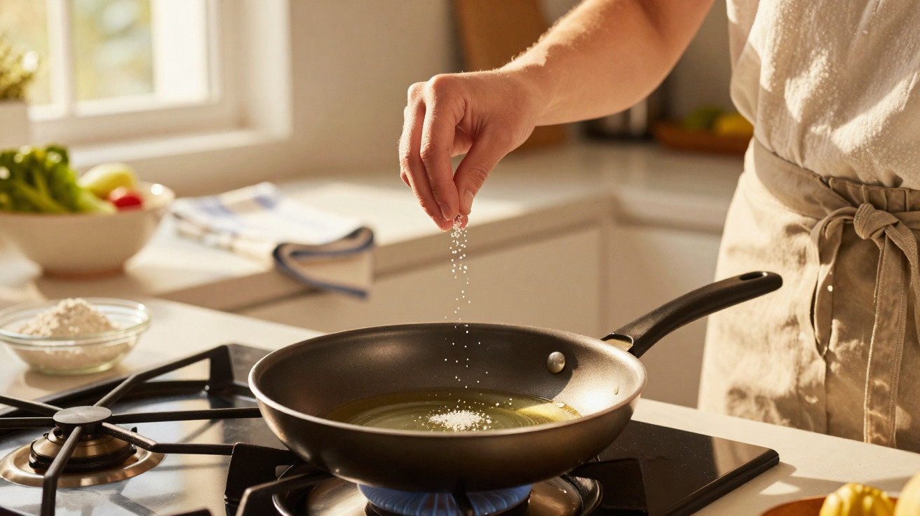 Mão a salpicar sal numa frigideira com óleo ao lume numa cozinha iluminada por luz natural.