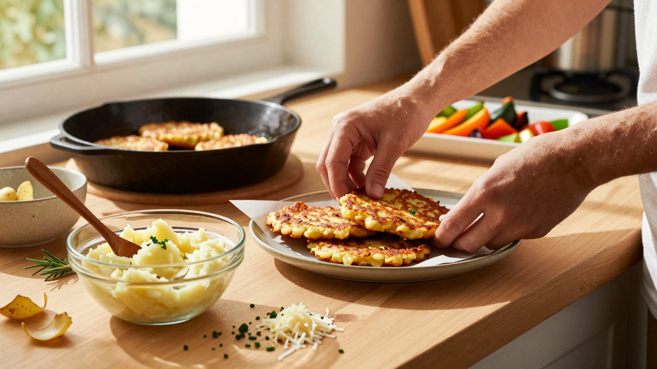 Pessoa a colocar röstis dourados num prato, com puré de batata e legumes frescos num balcão de cozinha.