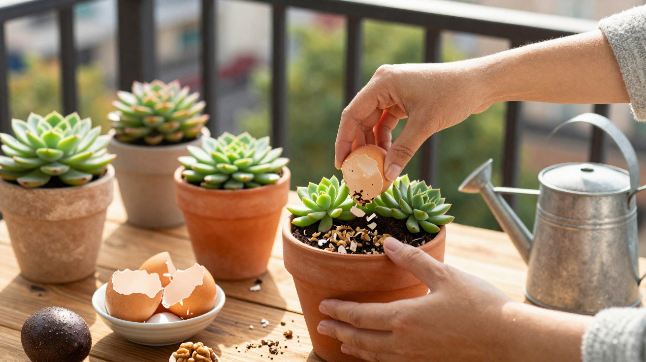 Mãos a deitar casca de ovo esmagada numa planta suculenta em vaso de barro numa varanda iluminada.