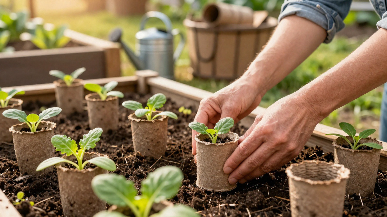 Mãos a transplantar pequenas plantas em vasos biodegradáveis num canteiro de terra.