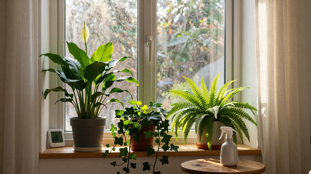 Três plantas em vasos num parapeito de janela com luz natural e um pulverizador branco numa mesa de madeira.