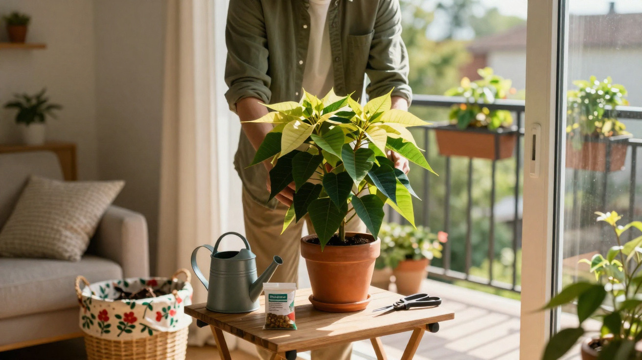 Pessoa a cuidar de planta em vaso numa sala iluminada junto a uma varanda com várias plantas.