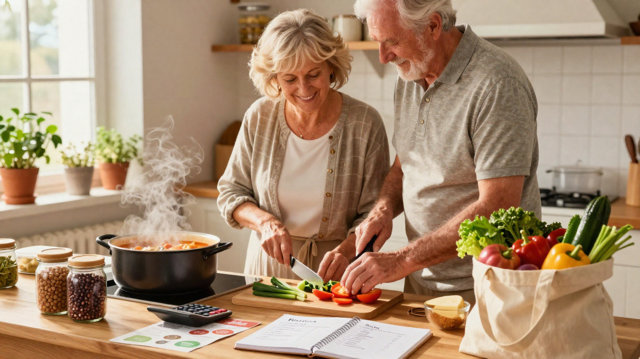 Casal sénior a cozinhar legumes frescos numa cozinha iluminada e moderna.