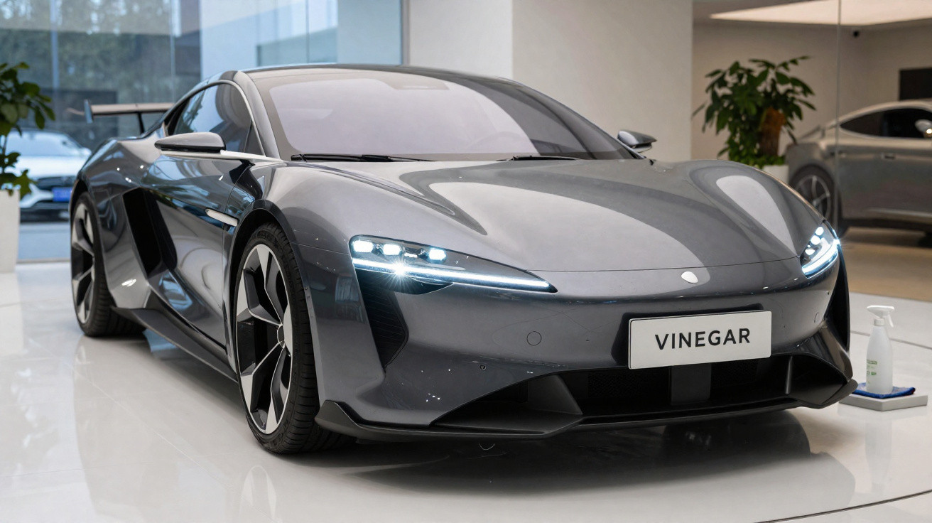 Carro desportivo cinza metálico com faróis LED ligados, interior moderno e matrícula personalizada "VINEGAR".
