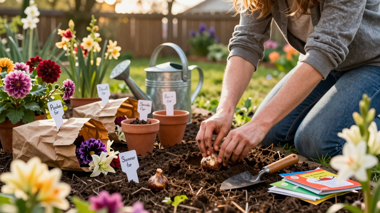 Pessoa a plantar bulbos de flores num jardim com várias flores e ferramentas à volta.