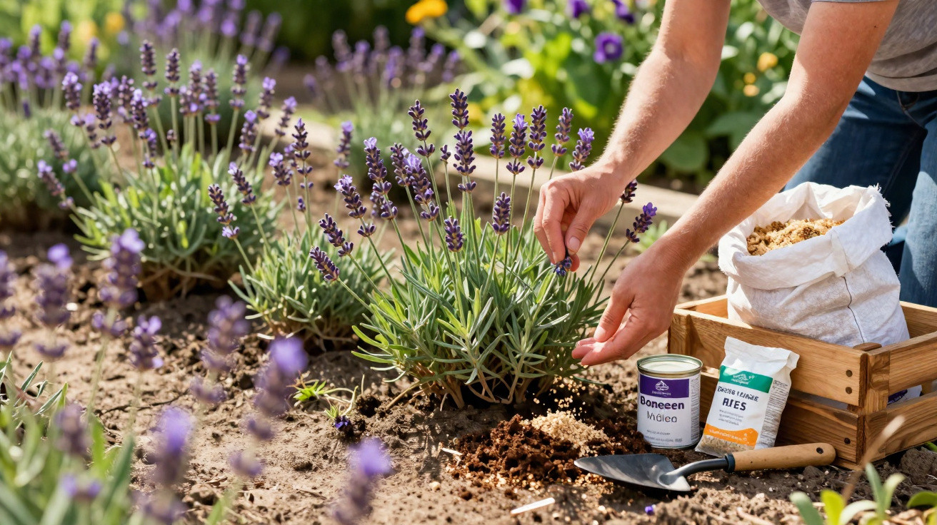 Mãos a cuidar de plantas de lavanda num jardim com materiais de jardinagem ao lado, em dia de sol.