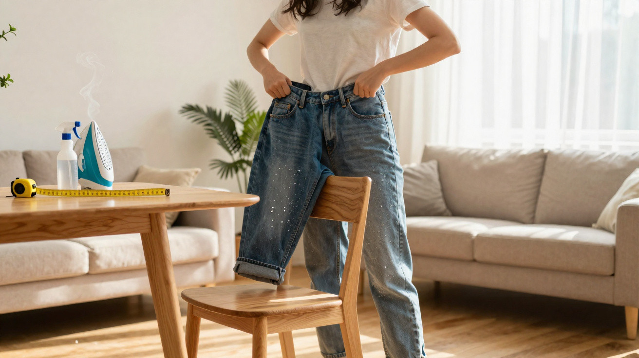 Mulher a segurando jeans grandes enquanto ajusta o tamanho para emagrecimento em sala de estar iluminada.