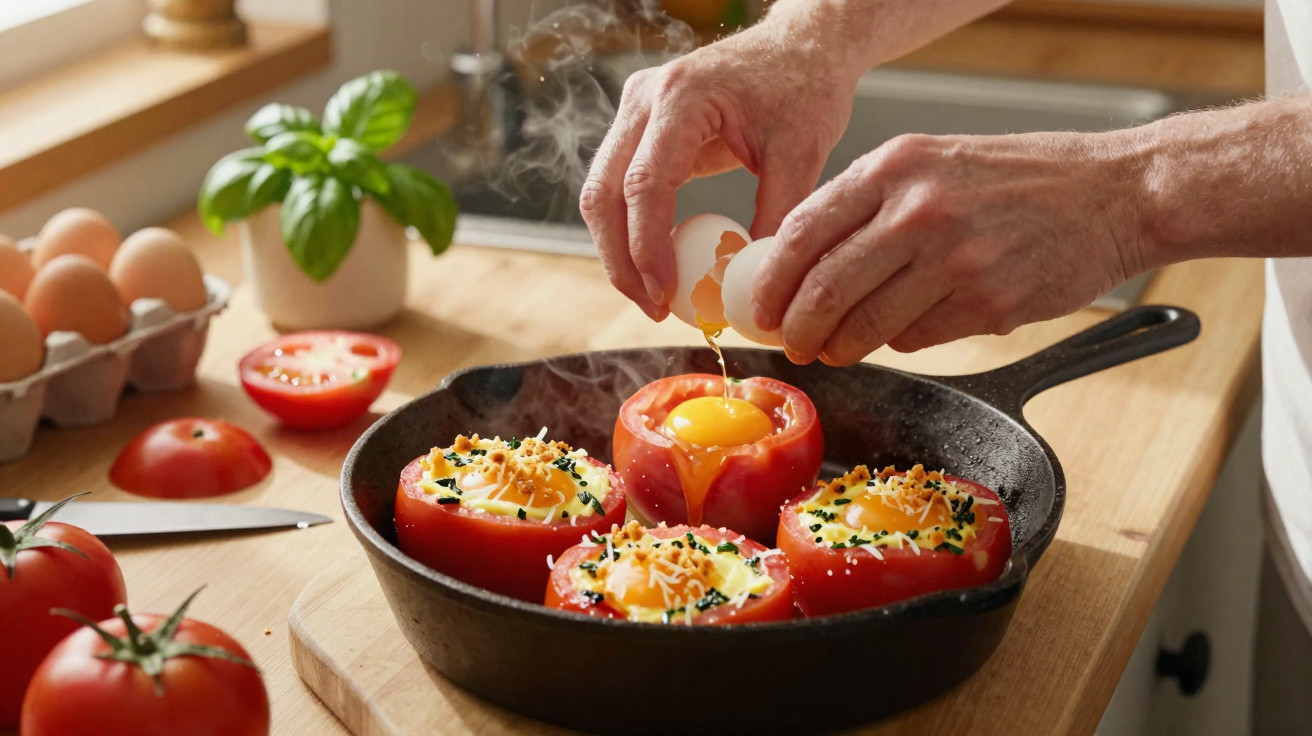 Mãos a colocar ovo dentro de tomate recheado com queijo numa frigideira numa cozinha iluminada.