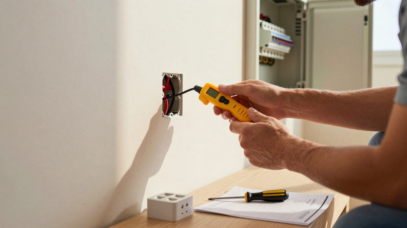 Pessoa a medir fios elétricos numa parede com ferramenta amarela junto a quadro elétrico aberto.