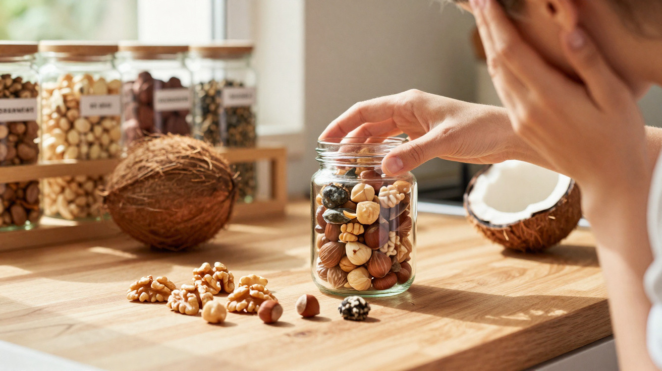 Pessoa a abrir um frasco de vidro com diferentes frutos secos sobre uma bancada de madeira.