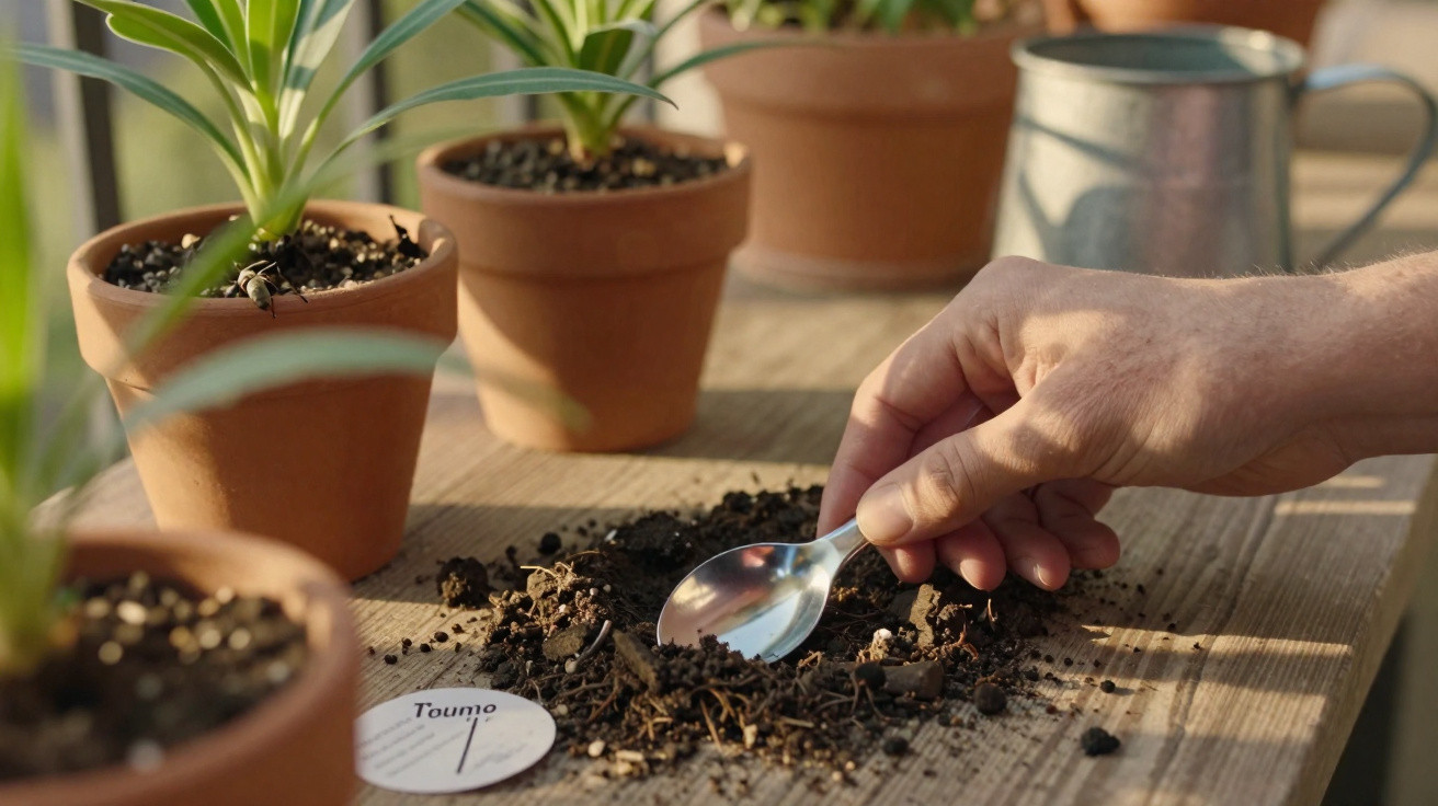 Mão a mexer terra com colher junto a vasos com plantas e etiqueta de plástico numa mesa de madeira.