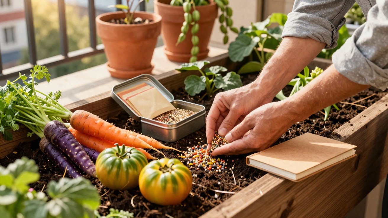 Mãos a plantar sementes num canteiro com legumes e plantas em vasos ao fundo numa varanda.