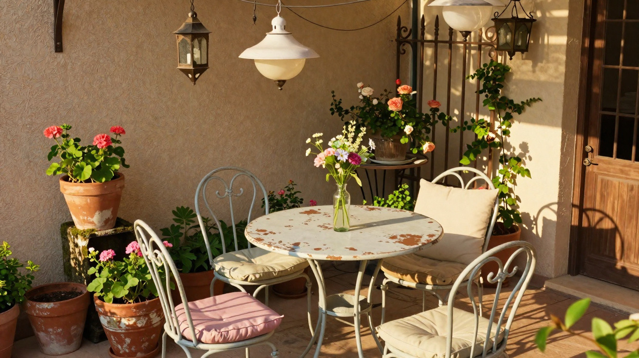Varanda com mesa redonda envelhecida, quatro cadeiras com almofadas e vasos de flores coloridas à luz do sol.