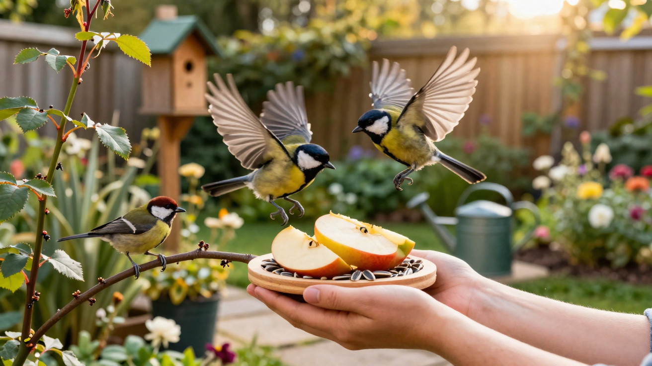 Pássaros pousam e voam junto a mãos a oferecer maçã cortada e sementes num jardim florido ao amanhecer.
