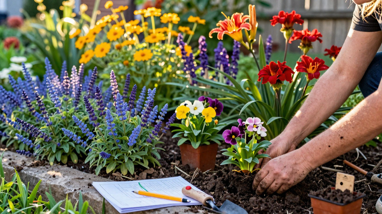 Pessoa a plantar flores coloridas num jardim com ferramentas e caderno ao lado.