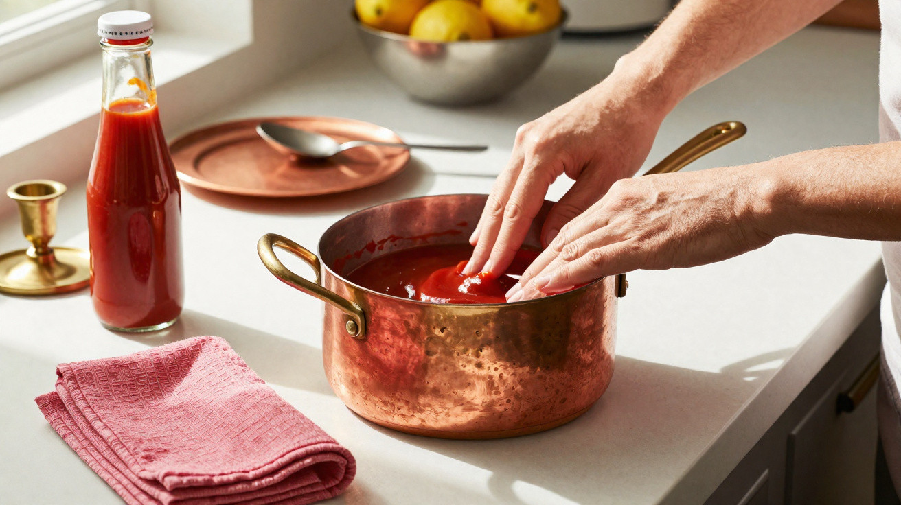 Mãos a mergulhar um tomate numa panela de cobre com molho de tomate na bancada da cozinha.