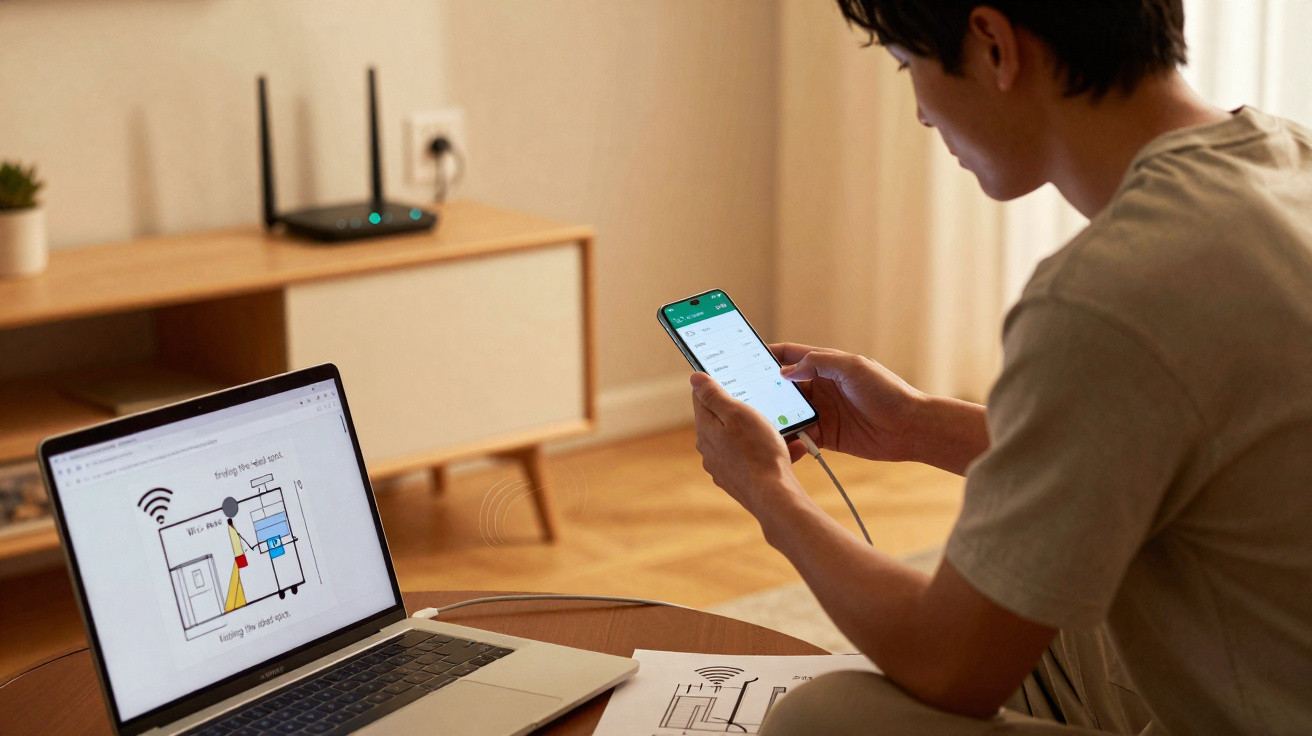Pessoa a configurar router wi-fi através de smartphone com computador portátil ligado na mesa.