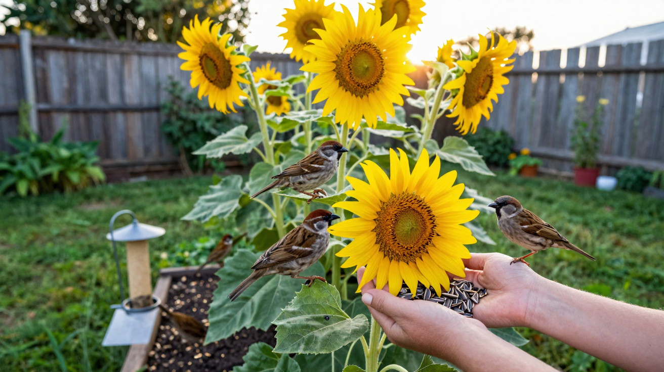 Pessoas alimentam pássaros em girassóis num jardim com cerca de madeira ao fundo ao pôr do sol.