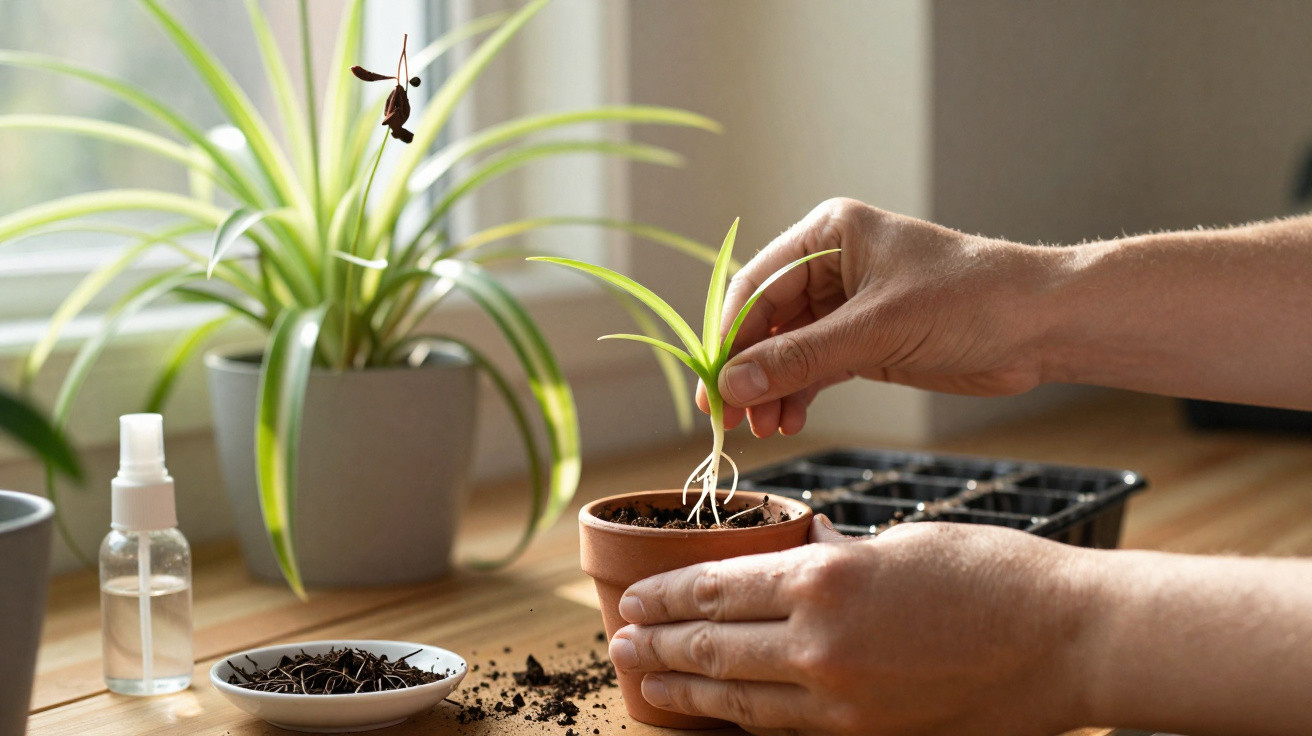 Mãos a transplantar uma muda verde num vaso pequeno com plantas, terra e pulverizador numa mesa iluminada.