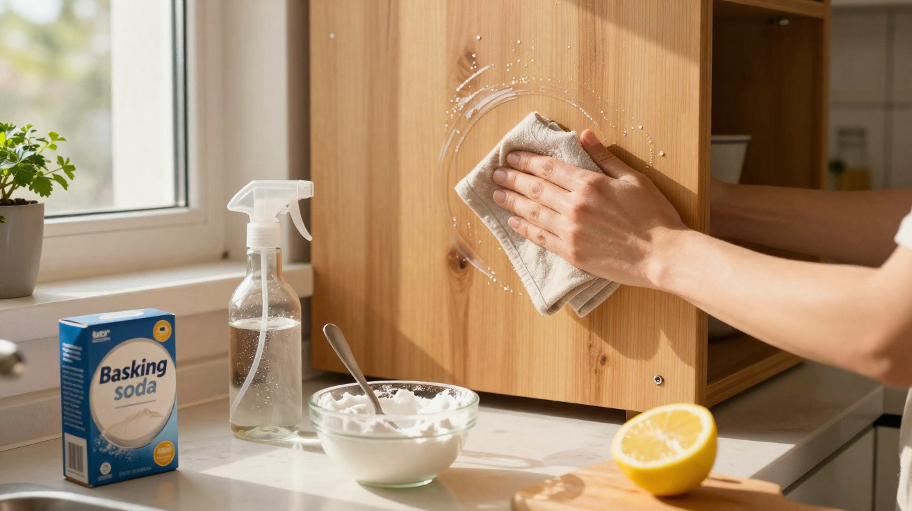 Mão a limpar móvel de madeira com pano, bicarbonato de sódio, spray e limão numa cozinha luminosa.