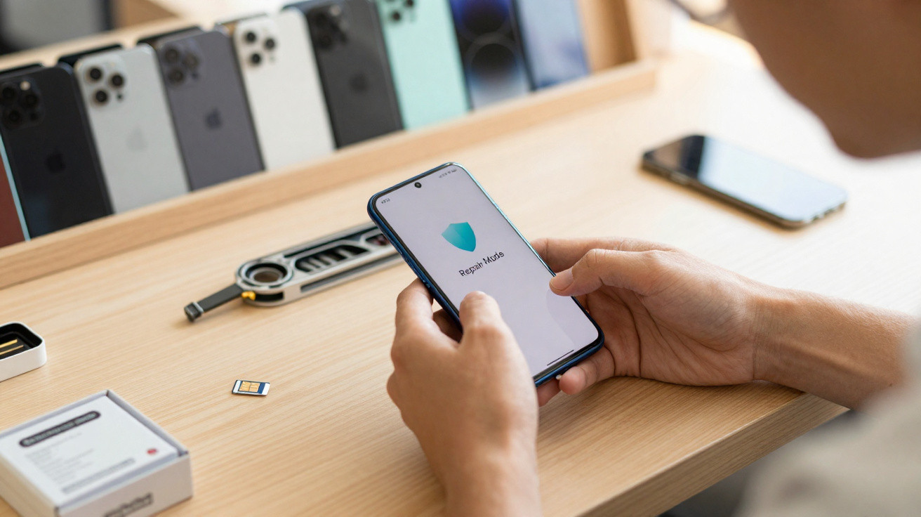 Pessoa segurando smartphone com aplicação Repair Audio aberta numa mesa com vários telemóveis ao fundo.