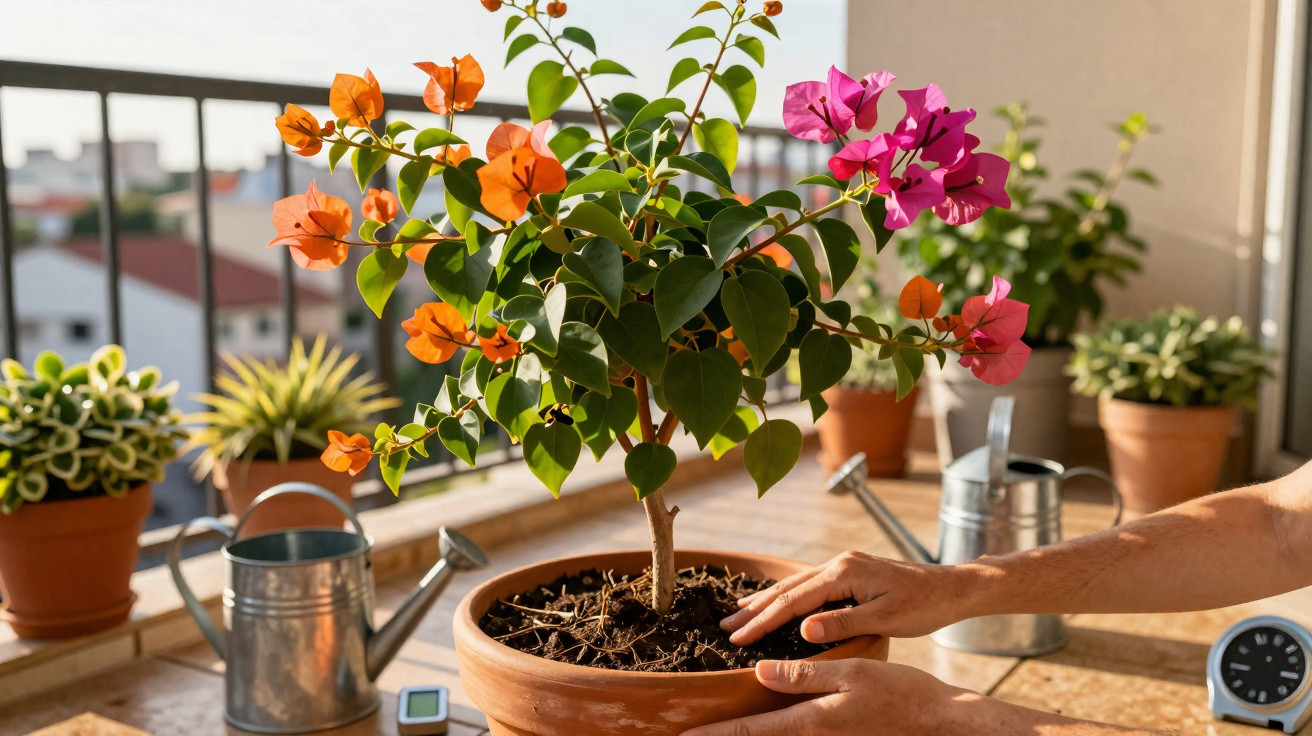 Mãos a cuidar de planta com flores cor-de-laranja e rosa em vaso terracota numa varanda com regadores.