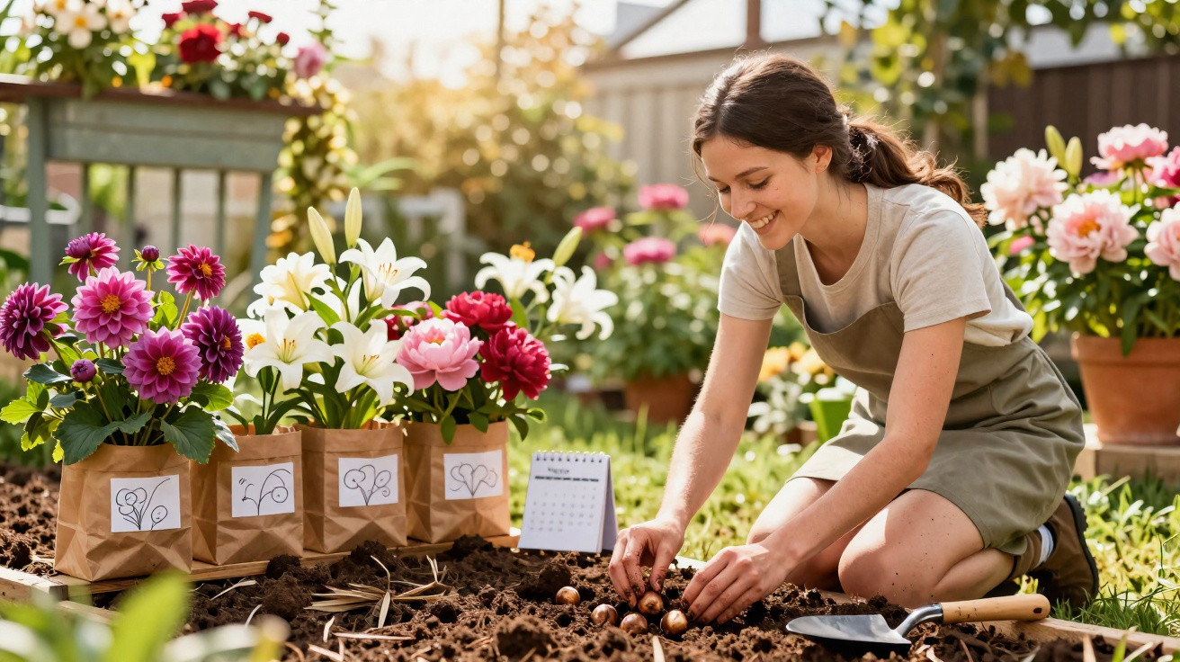 Mulher a sorrir planta bulbos em jardim com vasos de flores coloridas e calendário junto.