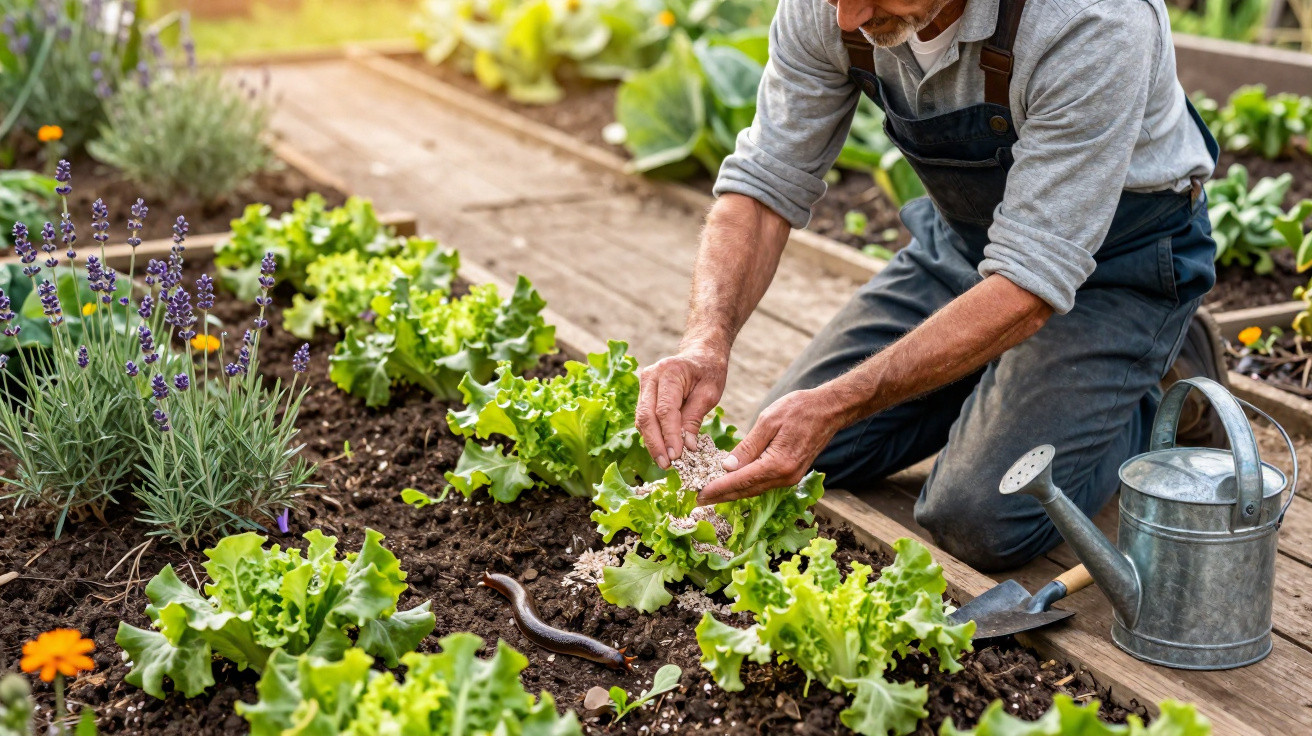 Homem a cuidar de alface num jardim, com regador e ferramentas ao lado, em ambiente natural.