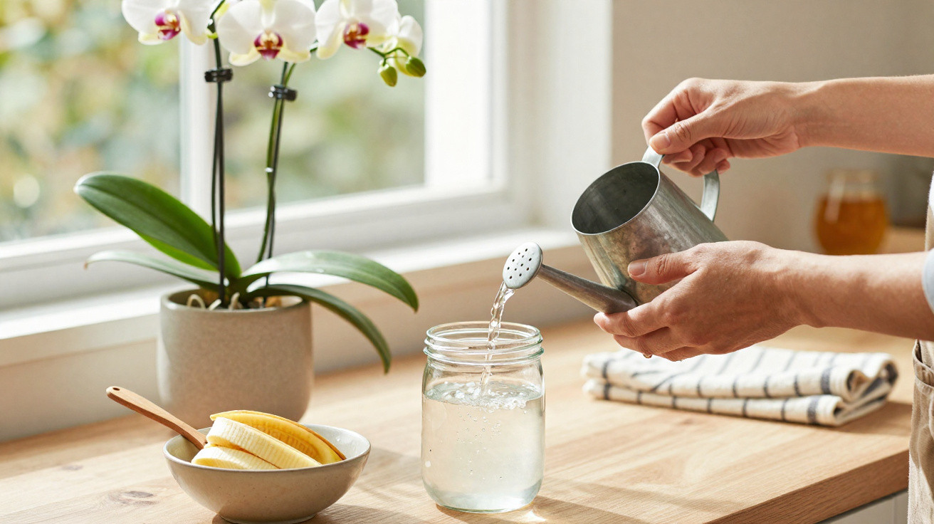 Pessoa a despejar água de um regador metálico num frasco de vidro numa cozinha com orquídea e fruta.