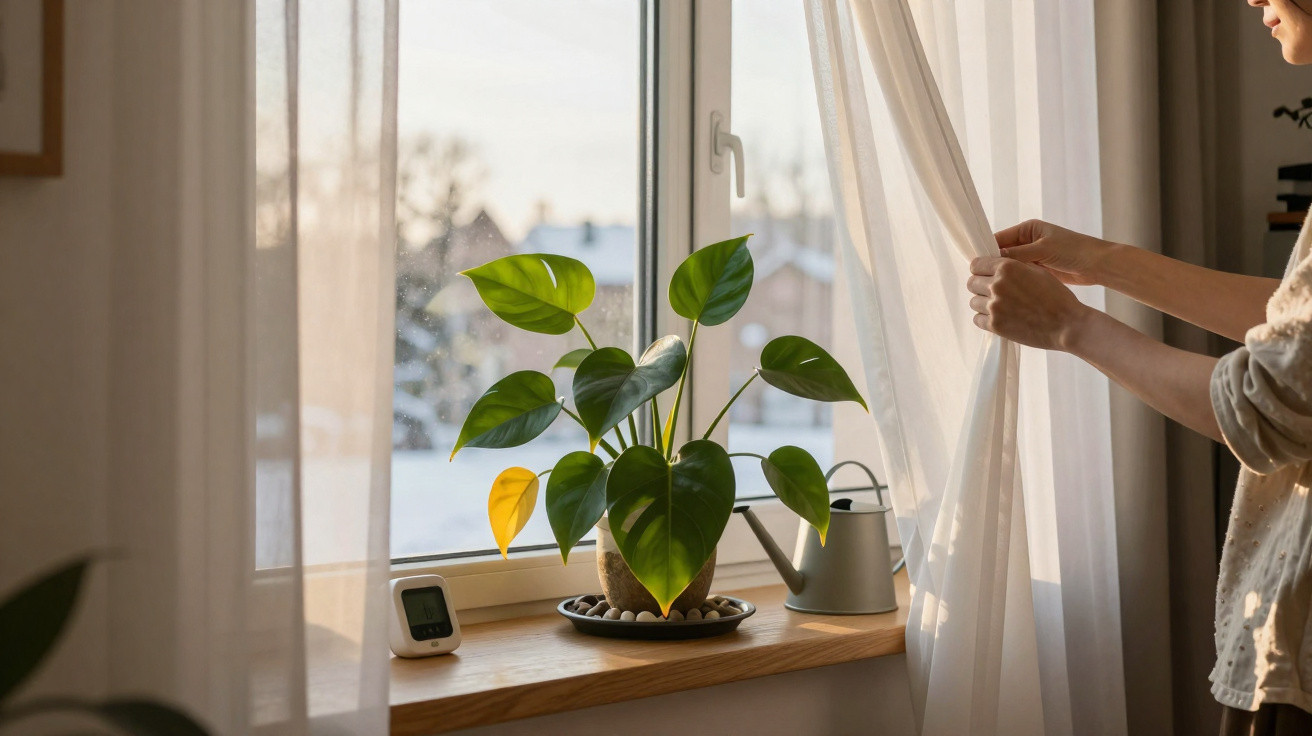 Planta verde e amarela numa janela com regador e termómetro, mãos a abrir cortina branca.