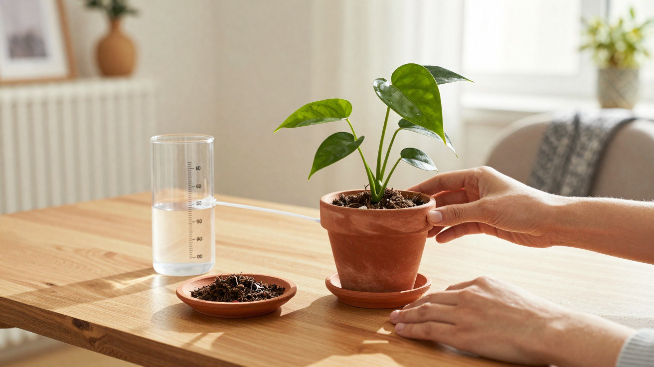 Mãos a cuidar de planta em vaso de barro sobre mesa de madeira com copo de água ao lado.