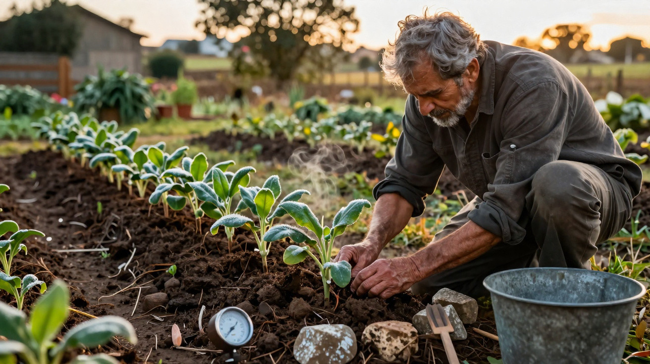 Homem idoso a cultivar plantas jovens numa horta ao ar livre ao pôr do sol.