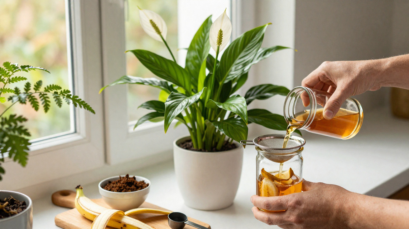 Pessoa a preparar chá de frutas num jarro com filtro, ao lado de planta verde e banana numa bancada junto à janela.