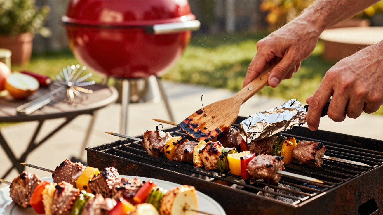 Pessoa a grelhar espetadas de carne e legumes numa churrasqueira no exterior com jardim ao fundo.