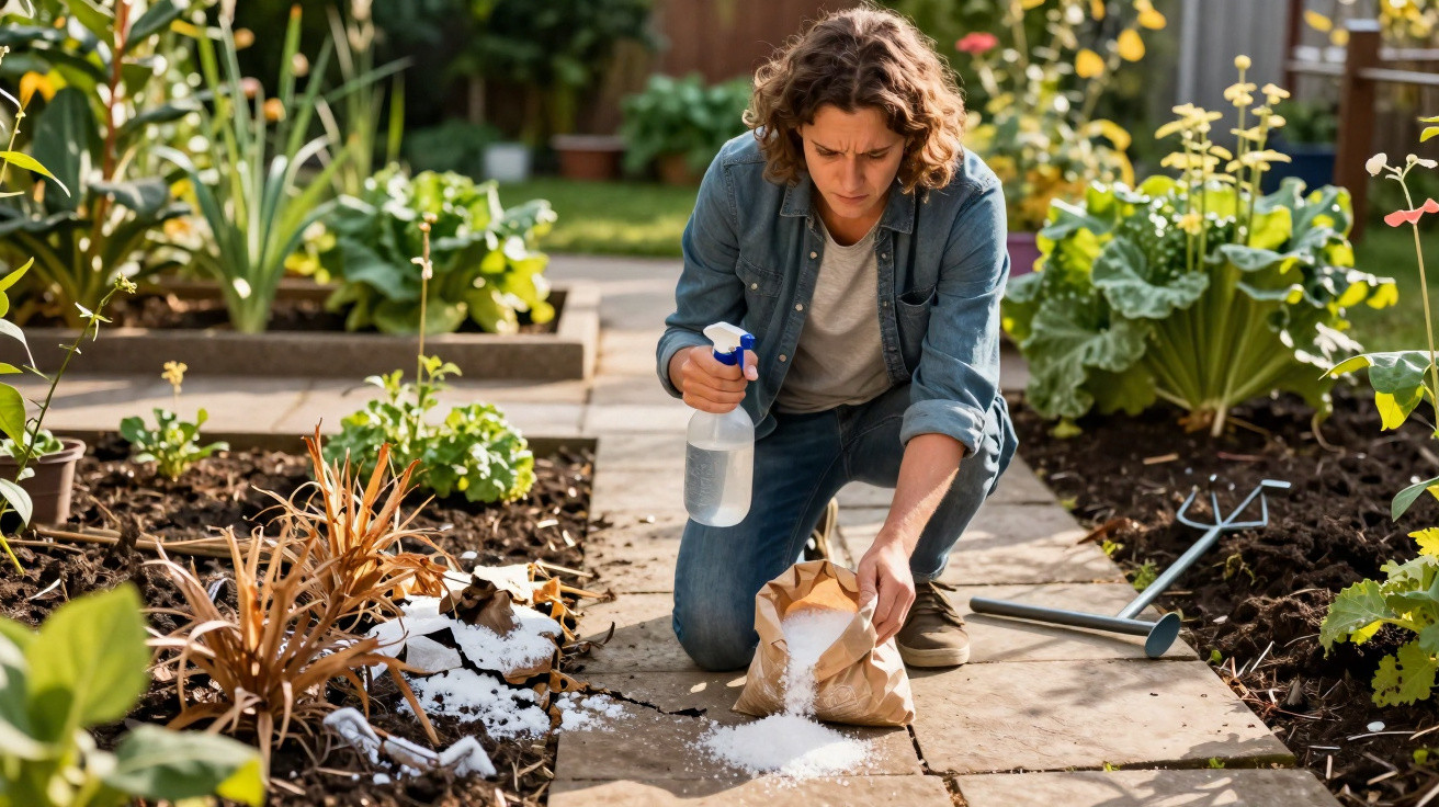 Pessoa a aplicar sal nas plantas num jardim para controlo de pragas, segurando um pulverizador de água.
