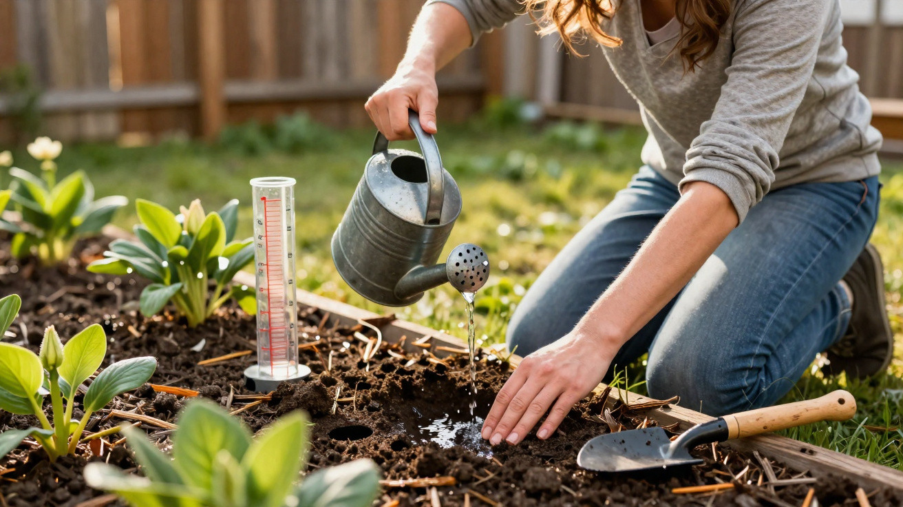 Pessoa a regar plantas numa horta urbana com regador metálico, ao lado de um pluviômetro.