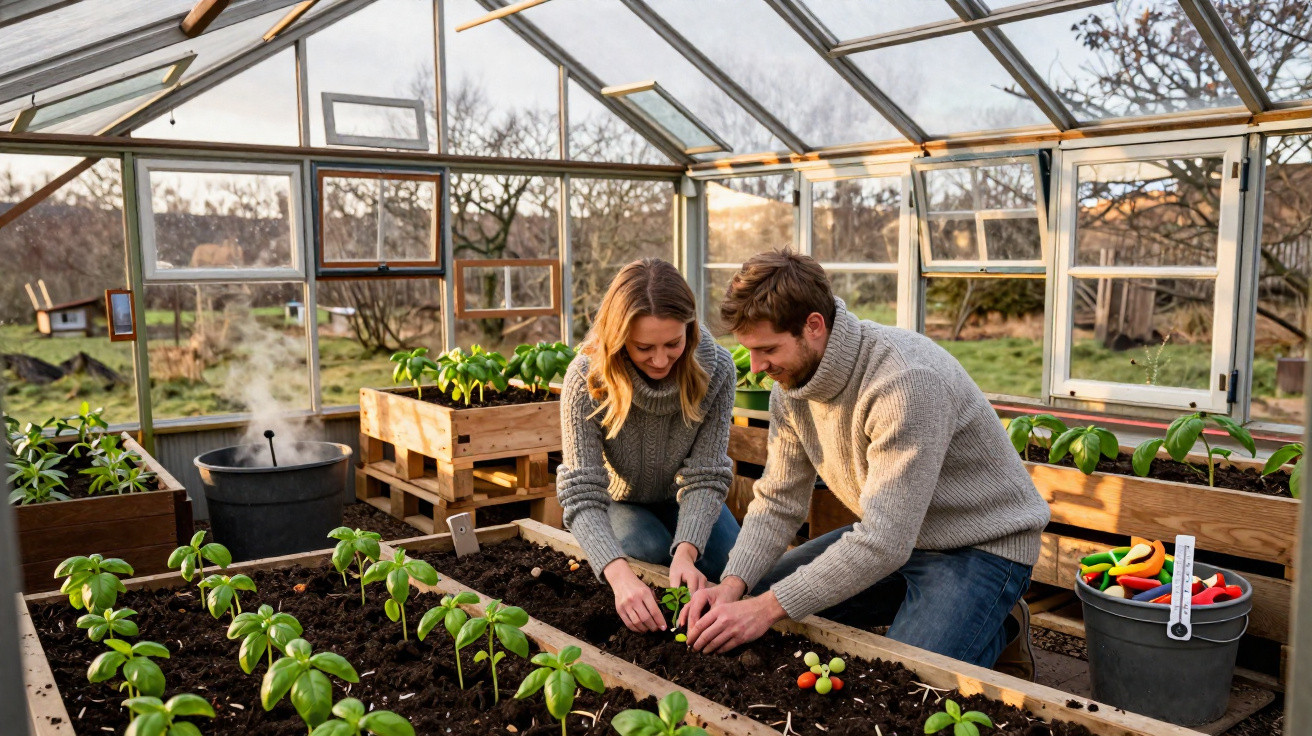 Casal a plantar ervas aromáticas numa estufa luminosa com várias plantas em vasos e caixotes de madeira.