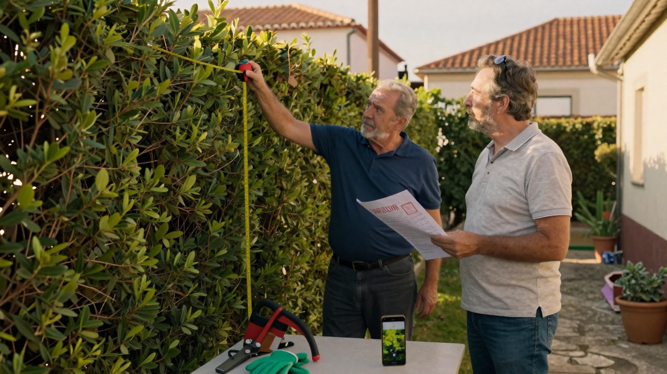 Dois homens medem e planeiam a poda de uma sebe num jardim junto a uma casa.