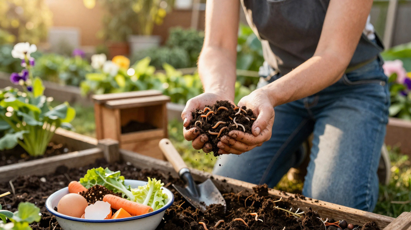Pessoa a segurar terra com minhocas num jardim, com legumes e uma pá ao lado.