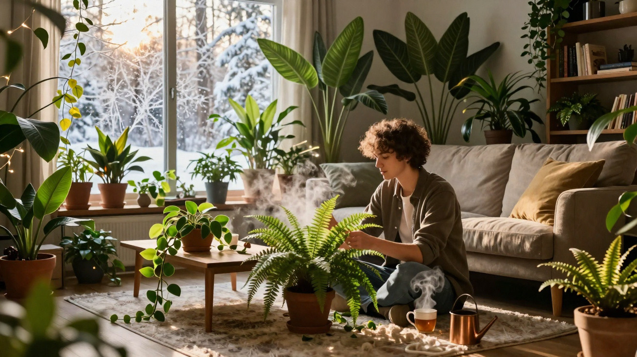 Pessoa a cuidar de plantas dentro de uma sala iluminada, com janela para paisagem nevada e várias plantas verdes.