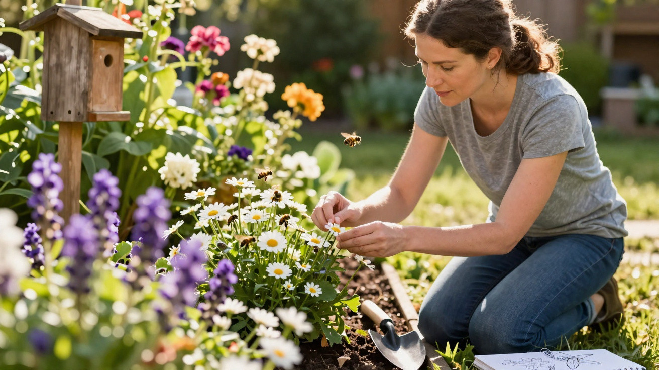 Mulher a cuidar de flores num jardim com abelhas a voar e caixa de madeira para aves ao fundo.
