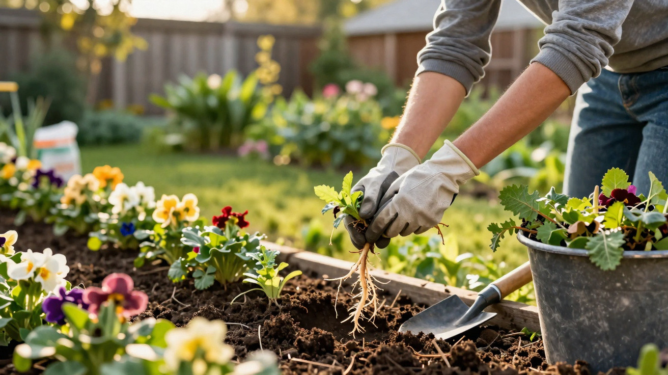Pessoa a plantar flores num jardim, usando luvas e ferramenta de jardinagem ao lado.