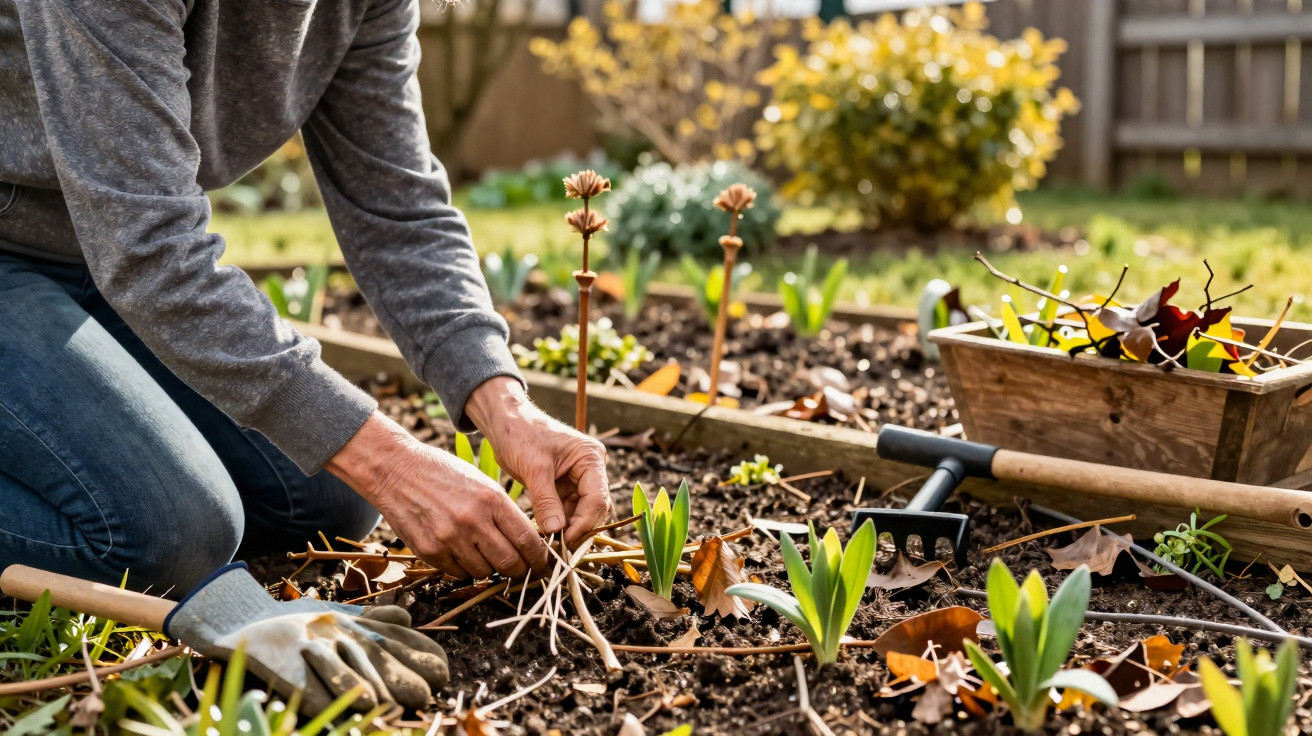 Pessoa de joelhos a cuidar de plantas num jardim com ferramentas e folhas secas ao redor.
