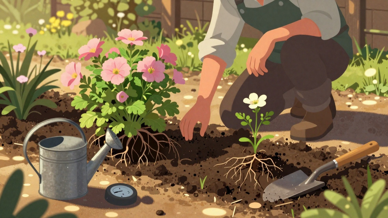 Pessoa a plantar flores num jardim com regador, termómetro de solo e enxada ao lado.