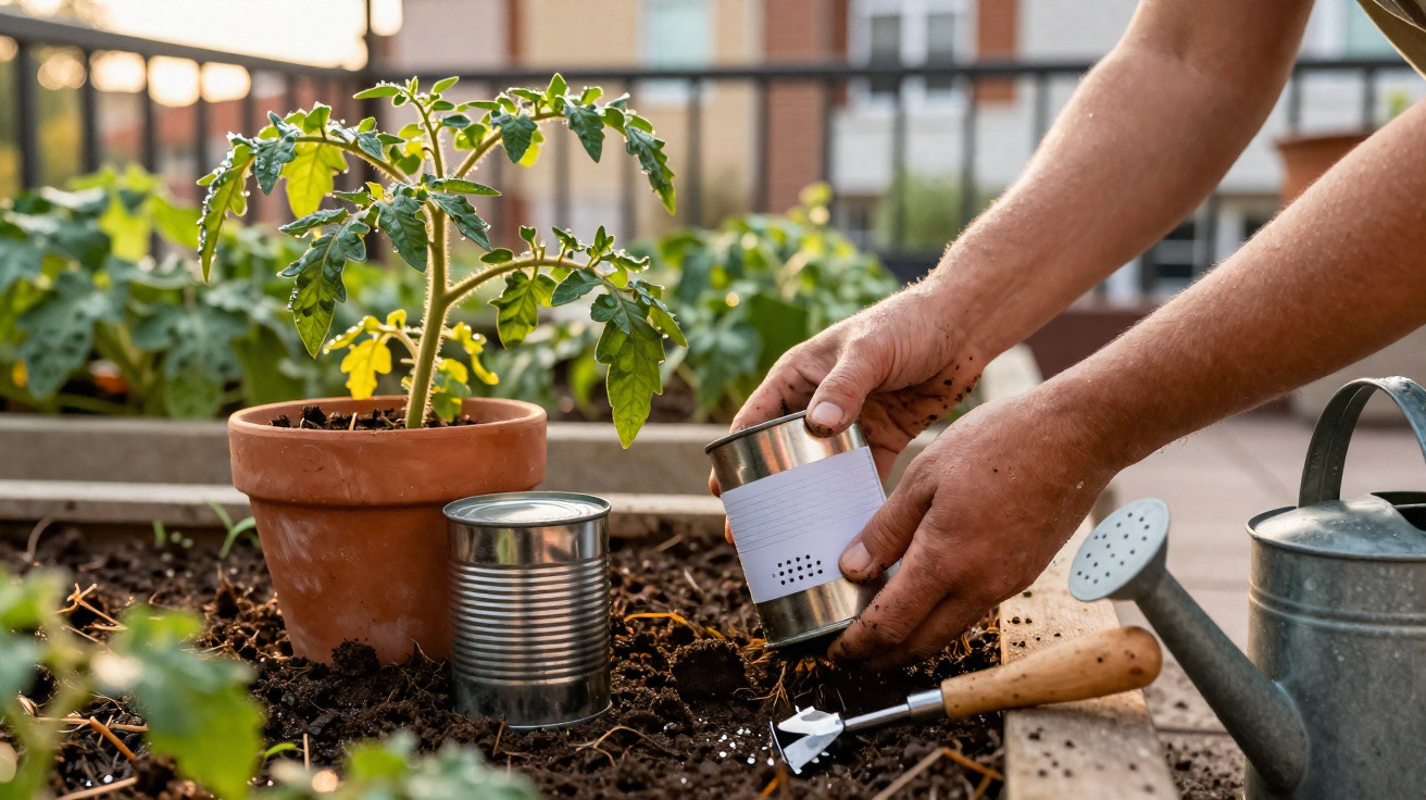 Mãos a plantar uma muda de tomate num vaso de barro numa horta urbana com regador e ferramentas.