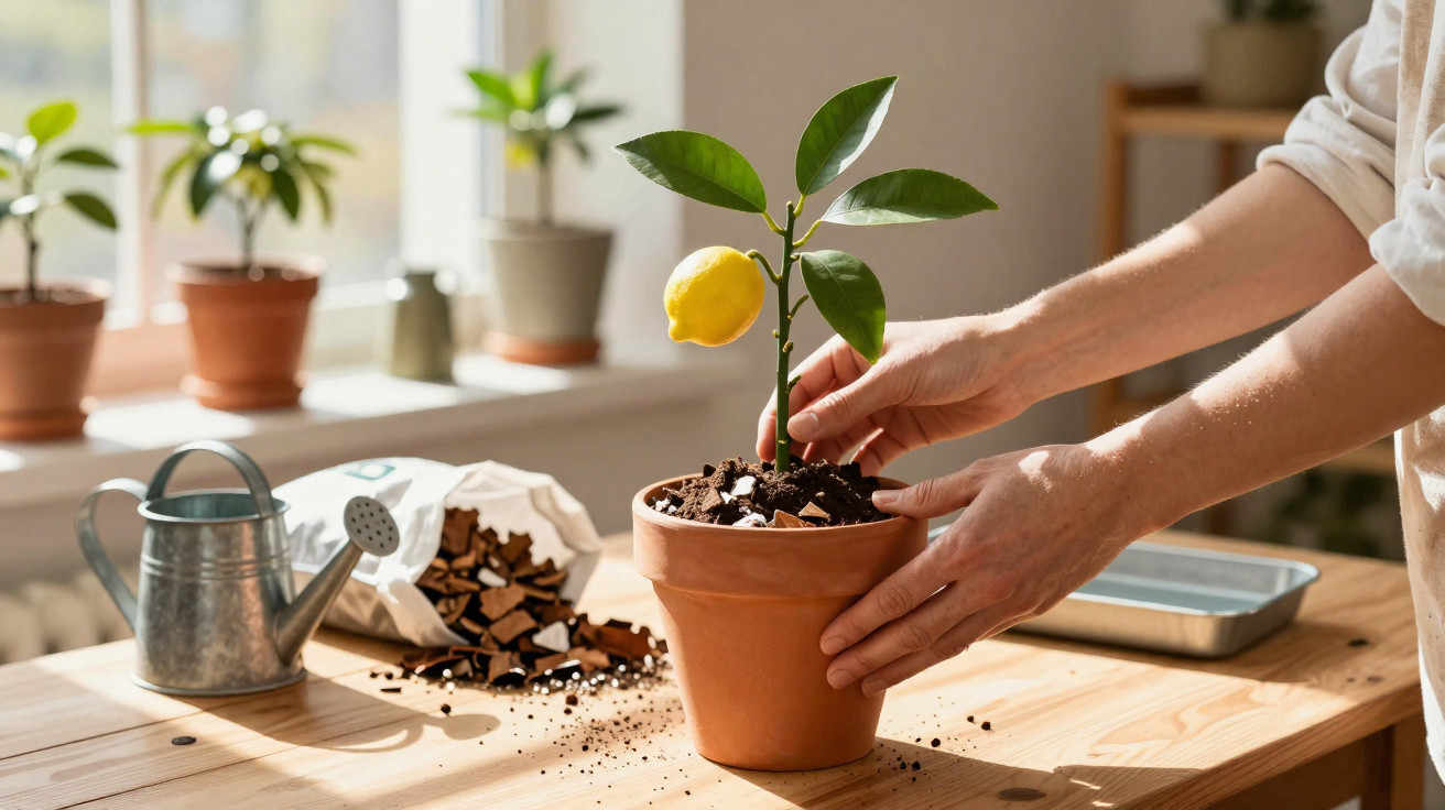 Mãos a cuidar de um limoeiro jovem num vaso de barro, com utensílios de jardinagem numa mesa de madeira.